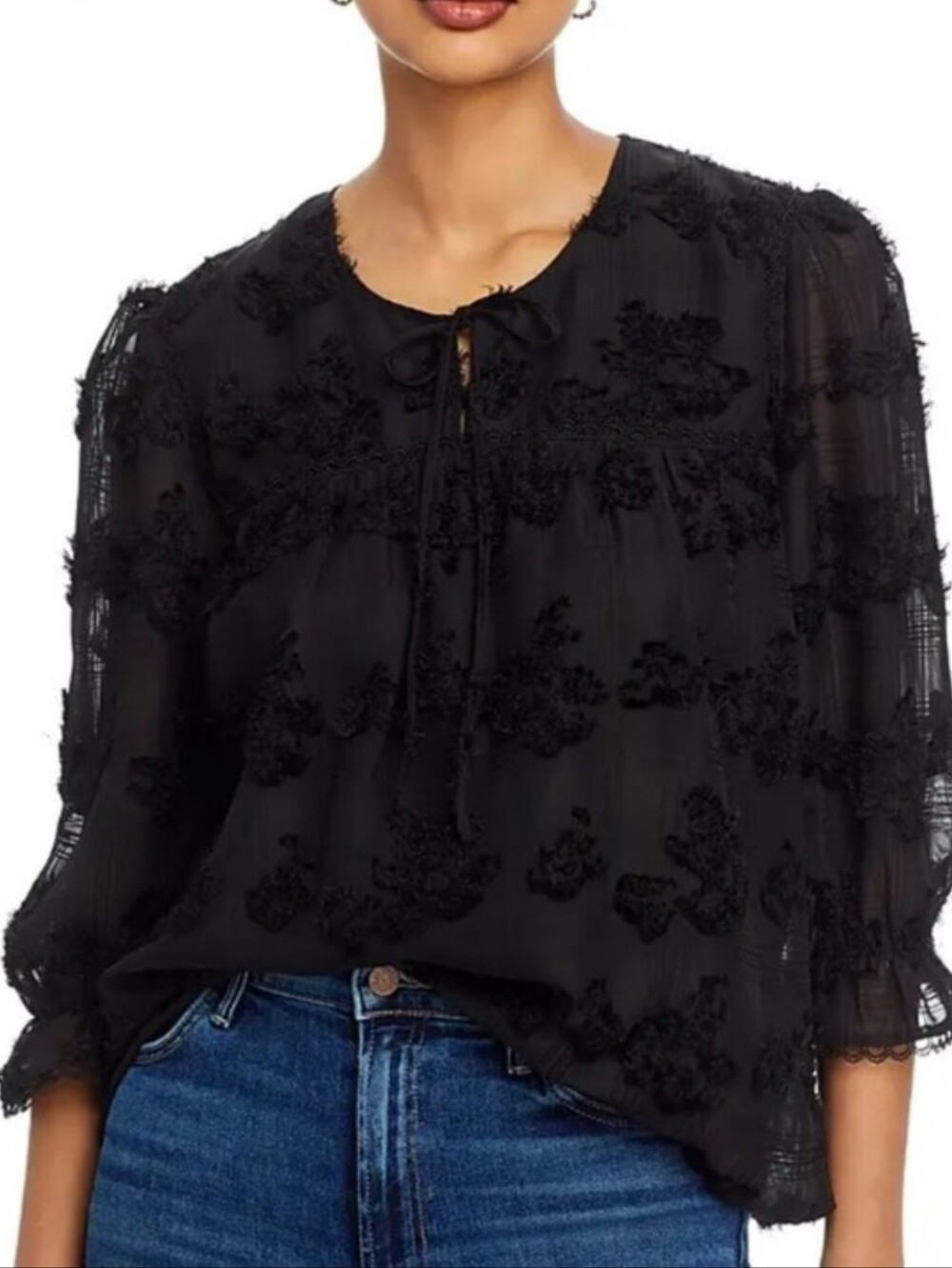 Koko + Mason Jewel Neck Frayed Applique Chiffon Floral Peasant Top Medium